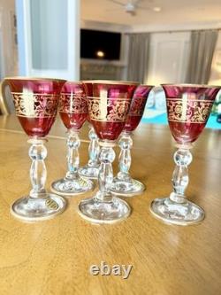 Vintage Italian Ruby Red Wine Glasses Set of 6 Gold Gilt Scroll Murano Style