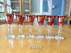 Vintage Italian Ruby Red Wine Glasses Set of 6 Gold Gilt Scroll Murano Style
