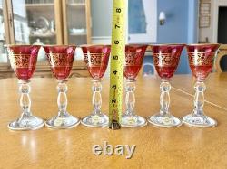 Vintage Italian Ruby Red Wine Glasses Set of 6 Gold Gilt Scroll Murano Style