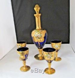 Vintage Italy BOHEMIAN Decanter 4 WINE Glasses COBALT BLUE GOLD TWISTED STEM
