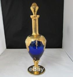 Vintage Italy BOHEMIAN Decanter 4 WINE Glasses COBALT BLUE GOLD TWISTED STEM