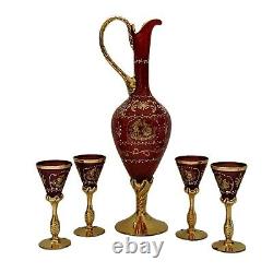 Vintage Itilian Ruby Red Glass With Gold Trim Decanter & 4 Wine Cordial Glasses