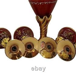 Vintage Itilian Ruby Red Glass With Gold Trim Decanter & 4 Wine Cordial Glasses