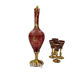 Vintage Itilian Ruby Red Glass With Gold Trim Decanter & 4 Wine Cordial Glasses