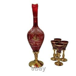 Vintage Itilian Ruby Red Glass With Gold Trim Decanter & 4 Wine Cordial Glasses
