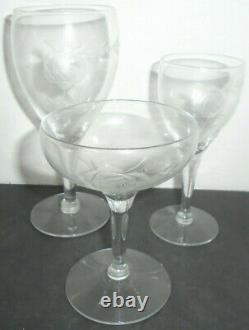 Vintage Javit Rose Etched Mixed Glassware Lot Of 24 Wine + Martini + Cordial