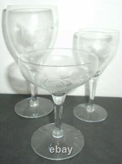 Vintage Javit Rose Etched Mixed Glassware Lot Of 24 Wine + Martini + Cordial
