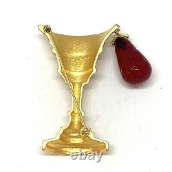 Vintage KARL LAGERFELD Spilled Red Wine Goblet Pin Brooch Signed