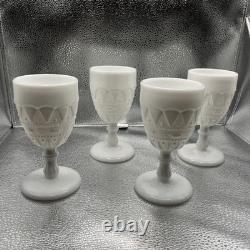 Vintage Kemple Milk Glass Water Goblet or Wine Glasses Set of 4 Lace & Dewdrop