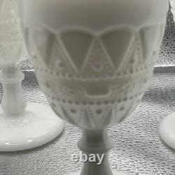 Vintage Kemple Milk Glass Water Goblet or Wine Glasses Set of 4 Lace & Dewdrop