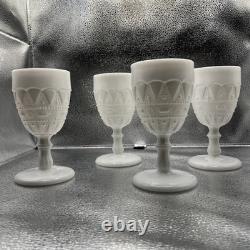 Vintage Kemple Milk Glass Water Goblet or Wine Glasses Set of 4 Lace & Dewdrop