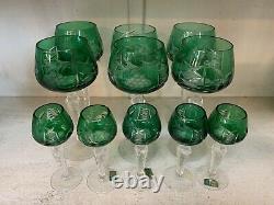 Vintage Kristall Bohemian Crystal Cut to Clear Green Wine Goblets & Cordial Set