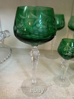 Vintage Kristall Bohemian Crystal Cut to Clear Green Wine Goblets & Cordial Set