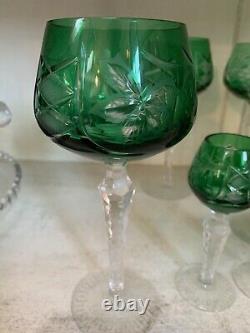 Vintage Kristall Bohemian Crystal Cut to Clear Green Wine Goblets & Cordial Set