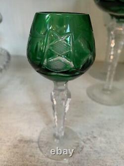 Vintage Kristall Bohemian Crystal Cut to Clear Green Wine Goblets & Cordial Set