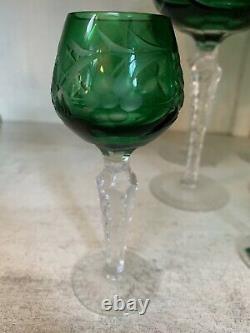 Vintage Kristall Bohemian Crystal Cut to Clear Green Wine Goblets & Cordial Set