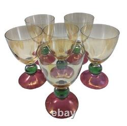 Vintage Krosno Poland Hand Blown Tri-colored Wine Glasses Set of 6