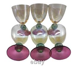 Vintage Krosno Poland Hand Blown Tri-colored Wine Glasses Set of 6