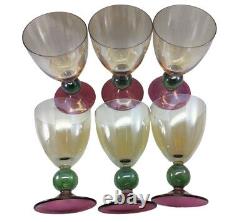 Vintage Krosno Poland Hand Blown Tri-colored Wine Glasses Set of 6