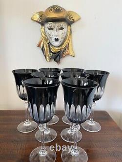 Vintage LE STELLE Set of Eight Black Gioielli Da Tavola Wine Glasses Diamond Cut