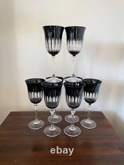 Vintage LE STELLE Set of Eight Black Gioielli Da Tavola Wine Glasses Diamond Cut