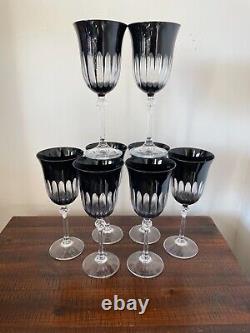 Vintage LE STELLE Set of Eight Black Gioielli Da Tavola Wine Glasses Diamond Cut