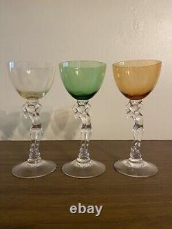 Vintage LOT 3 Cambridge Glass Nude Stem Amber Yellow Green Cordial Wine Glasses