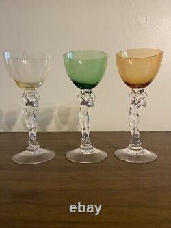 Vintage LOT 3 Cambridge Glass Nude Stem Amber Yellow Green Cordial Wine Glasses