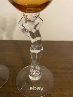 Vintage LOT 3 Cambridge Glass Nude Stem Amber Yellow Green Cordial Wine Glasses