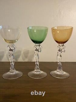 Vintage LOT 3 Cambridge Glass Nude Stem Amber Yellow Green Cordial Wine Glasses
