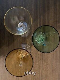 Vintage LOT 3 Cambridge Glass Nude Stem Amber Yellow Green Cordial Wine Glasses