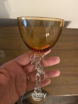 Vintage LOT 3 Cambridge Glass Nude Stem Amber Yellow Green Cordial Wine Glasses
