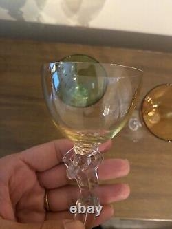 Vintage LOT 3 Cambridge Glass Nude Stem Amber Yellow Green Cordial Wine Glasses