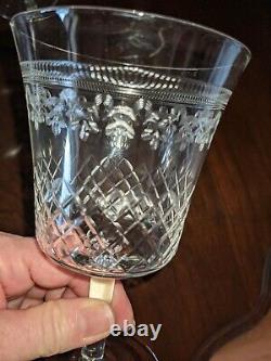 Vintage Lady Hamilton Design Etched & Cut Glass Crystal Wine Glasses Set of 8