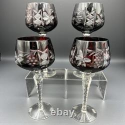 Vintage Lausitzer Crystal Cut to Clear Ruby Wine Goblet Glasses Grapes Set of 4