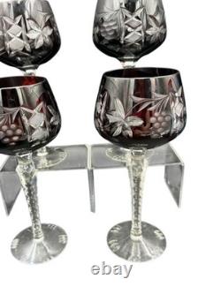 Vintage Lausitzer Crystal Cut to Clear Ruby Wine Goblet Glasses Grapes Set of 4