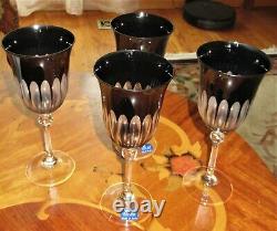 Vintage Le Stelle Set Of 4 Black Wine Glasses Diamond Cut Glass Crystal Italy