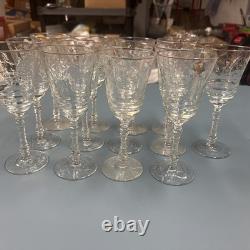 Vintage Libby 1940S Rock Sharpe Etched Cut Crystal 8oz Wine Glasses, Set Of 13