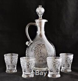 Vintage Lobmeyr Baroque Engraved Glass Wine Decanter Ewer & 4 Tumblers Set Sign