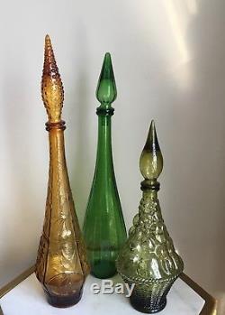 Vintage Lot Of 3 Genie Glass Decanter Green Amber Brown Fruit Empoli Italy Wine