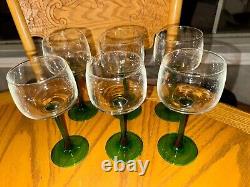 Vintage Luminarc 60s MCM Set of 6 Green Stem Wine Glasses Goblet Made in France