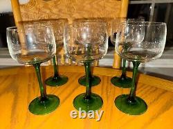 Vintage Luminarc 60s MCM Set of 6 Green Stem Wine Glasses Goblet Made in France