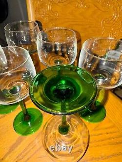 Vintage Luminarc 60s MCM Set of 6 Green Stem Wine Glasses Goblet Made in France