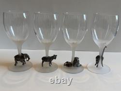 Vintage Luminarc France Safari Wine Glasses Set of 4 Frosted Stem Pewter Animals