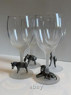 Vintage Luminarc France Safari Wine Glasses Set of 4 Frosted Stem Pewter Animals