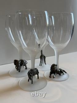 Vintage Luminarc France Safari Wine Glasses Set of 4 Frosted Stem Pewter Animals