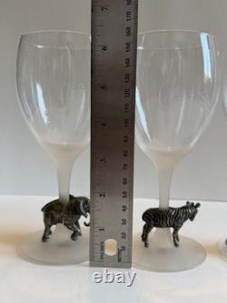 Vintage Luminarc France Safari Wine Glasses Set of 4 Frosted Stem Pewter Animals