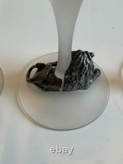 Vintage Luminarc France Safari Wine Glasses Set of 4 Frosted Stem Pewter Animals