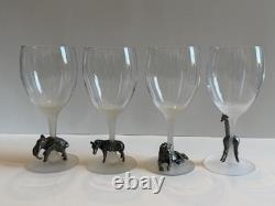 Vintage Luminarc France Safari Wine Glasses Set of 4 Frosted Stem Pewter Animals