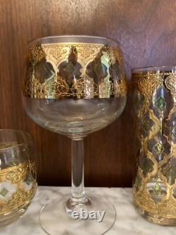 Vintage MCM Culver Valencia 22K Gold & Green Wine Glasses 5-3/4 Tall Set of 8